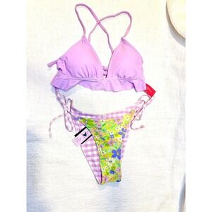 Lilac Ruffle Bikini top & Reversible Lilac and Green floral Side Tie Bottom -